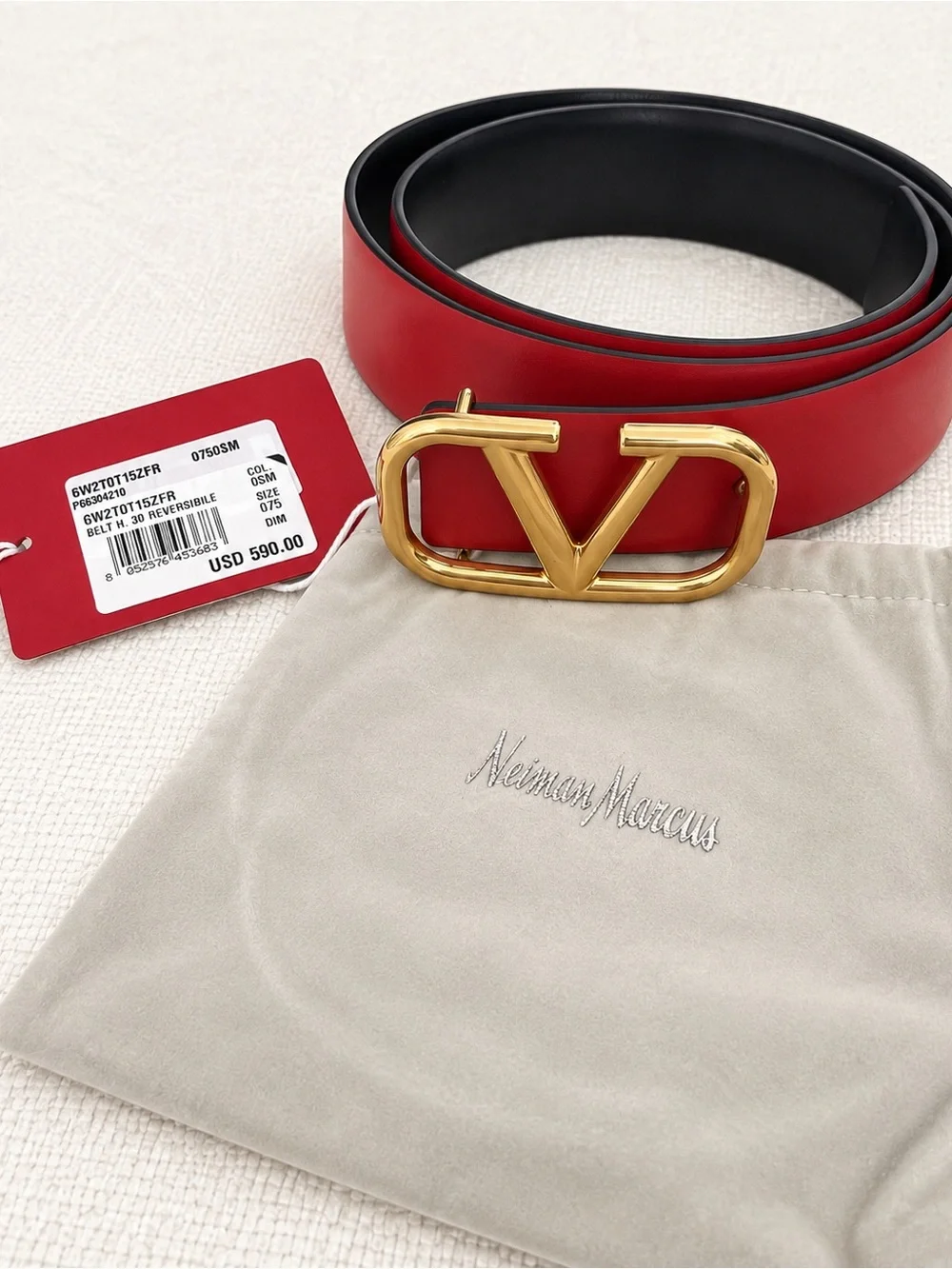 Valentino Garavani VLogo Signature Reversible Belt 30mm Black/Red Size 75 NWT